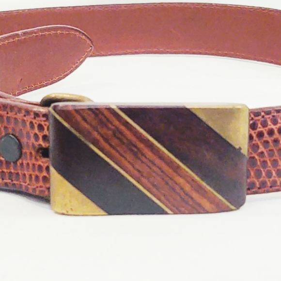 Vintage Mid-Century Modern Brown Lizard Belt with Wood & Bronze Inlay Buckle - Picture 2 of 8